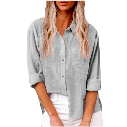 Damen Leinen Hemd Elegant mit Knopfleiste Tasche Sommer Oversized Kurzarm Blusen Langärmeliges Shirt Oberteile Reverskragen Elegant Shirts Bluse Oberteile Einfarbig Basic Unterhemd Top von AEGJEGVD