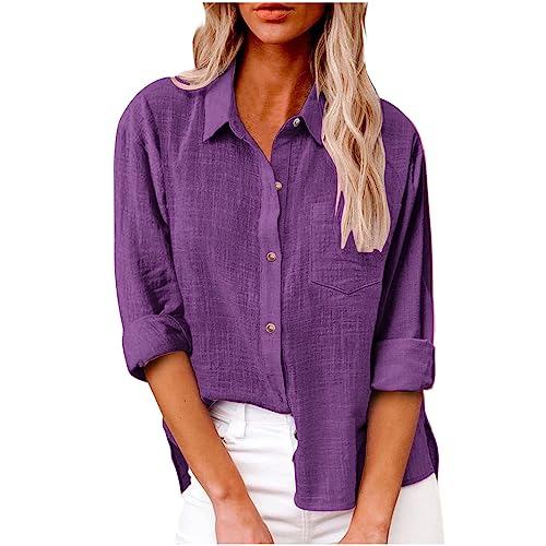 Damen Leinen Hemd Elegant mit Knopfleiste Tasche Sommer Oversized Kurzarm Blusen Langärmeliges Shirt Oberteile Reverskragen Elegant Shirts Bluse Oberteile Einfarbig Basic Unterhemd Top von AEGJEGVD