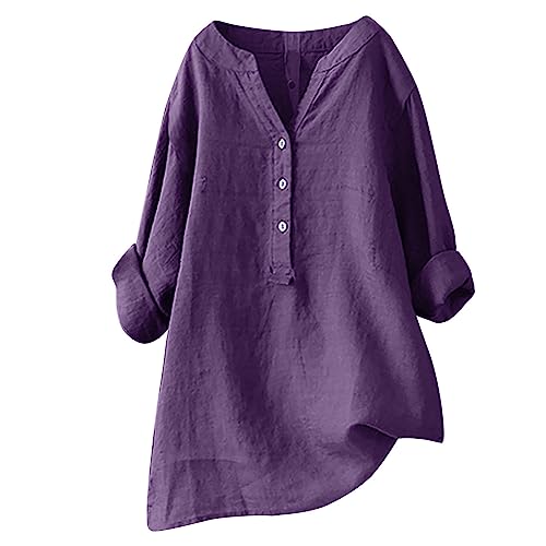 Damen Leinenbluse, Sommer Button-Down Bluse Übergröße Musselin Bluse Atmungsaktive Tops Leinen Elegante Blusenshirt Lang Tunika Shirt V Ausschnitt Freizeithemd Mode Oversized Longbluse von AEGJEGVD