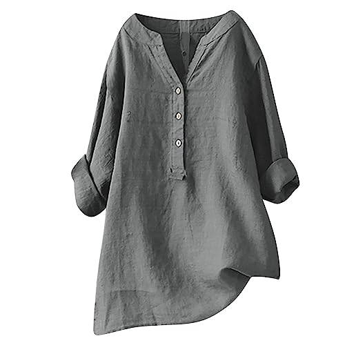 Damen Leinenbluse, Leinenbluse, Damen Sommer Button-Down Bluse Übergröße Musselin Bluse Damen Leinenbluse Schlichtes Große Größen Langes Shirt Atmungsaktive Tops Leinen Shirt von AEGJEGVD