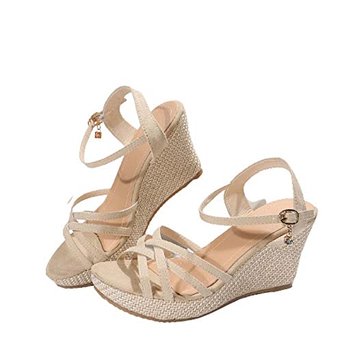 Damen Sandalen Mit Offener Spitze Verknotete Riemen Keilsandalen Aus Jute Mit Knöchelwickelschuhen Sommer Wedge Peep Toe Sandal Kreuzgurten Freizeitsandale Sandale Keilabsatz Sommerschuhe von AEGJEGVD