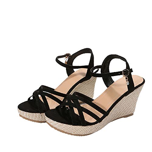 Damen Sandalen Mit Offener Spitze Verknotete Riemen Keilsandalen Aus Jute Mit Knöchelwickelschuhen Sommer Wedge Peep Toe Sandal Kreuzgurten Freizeitsandale Sandale Keilabsatz Sommerschuhe von AEGJEGVD