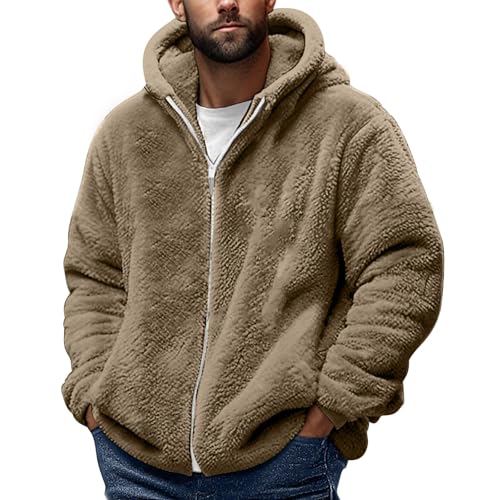 Fleecejacke Herren Full-Zip Jacket Warme Outdoorjacke Wintermantel mit Teddyfutter Einfarbig Doppelseitiger Samt Kapuzenjacke Übergangsjacke Pullover mit Reißverschluss Plüschjacke Warm Hoodie von AEGJEGVD