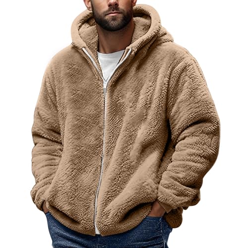 Fleecejacke Herren Full-Zip Jacket Warme Outdoorjacke Wintermantel mit Teddyfutter Einfarbig Doppelseitiger Samt Kapuzenjacke Übergangsjacke Pullover mit Reißverschluss Plüschjacke Warm Hoodie von AEGJEGVD
