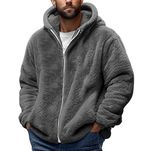 Fleecejacke Herren Full-Zip Jacket Warme Outdoorjacke Wintermantel mit Teddyfutter Einfarbig Doppelseitiger Samt Kapuzenjacke Übergangsjacke Pullover mit Reißverschluss Plüschjacke Warm Hoodie von AEGJEGVD