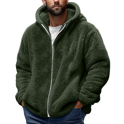 Fleecejacke Herren Full-Zip Jacket Warme Outdoorjacke Wintermantel mit Teddyfutter Einfarbig Doppelseitiger Samt Kapuzenjacke Übergangsjacke Pullover mit Reißverschluss Plüschjacke Warm Hoodie von AEGJEGVD