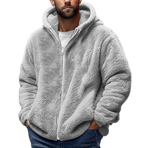 Fleecejacke Herren Full-Zip Jacket Warme Outdoorjacke Wintermantel mit Teddyfutter Einfarbig Doppelseitiger Samt Kapuzenjacke Übergangsjacke Pullover mit Reißverschluss Plüschjacke Warm Hoodie von AEGJEGVD