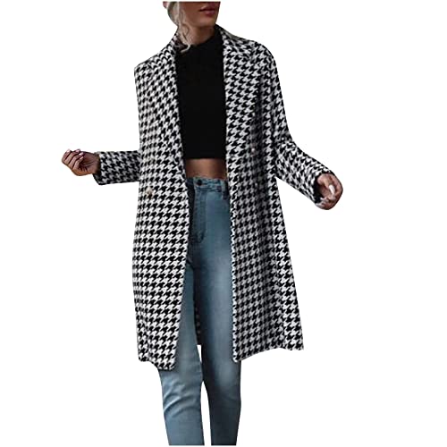 Hahnentritt Mantel Damen 2024 Sale Lang Eelegant Herbst Winter Verlängernder Trenchcoat Langarm Wolljacke mit Revers Wollmantel Zweireihige Strickjacke Übergangsjacke Windjacke Classic Outwear von AEGJEGVD