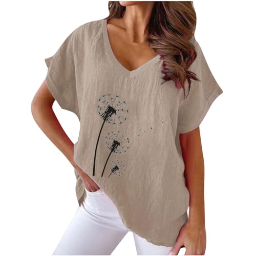 Leinen Top Damen Leinenbluse Sommer V-Ausschnitt Bluse Oversize Langarm Shirt Baumwolle Leinen Hemdbluse Kurzarm Elegant Übergröße Longbluse Festliche Oberteil Einfarbig Lose Leinenoberteile von AEGJEGVD
