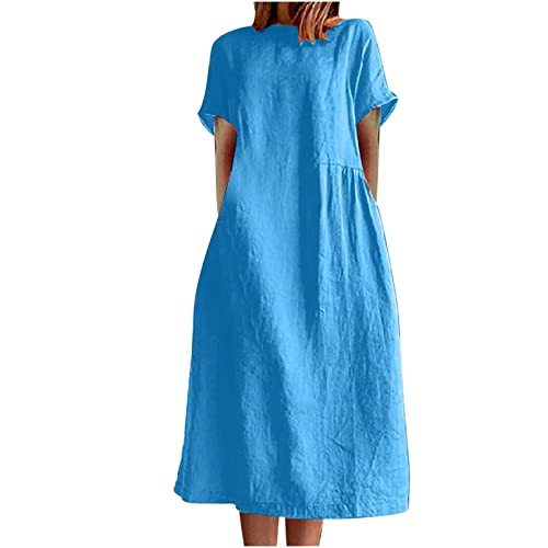 Leinenkleid Damen Kurzarm Rundhals Sommer Kleid Knielang Freizeitkleid Baumwolle Leinen Strandkleid U-Ausschnitt Sommerkleid Blusenkleid Einfarbig Kleider Atmungsaktiv Strandkleider mit Taschen Dünn von AEGJEGVD