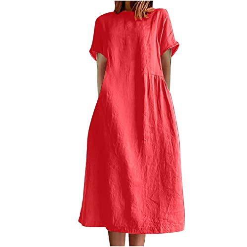 Leinenkleid Damen Kurzarm Rundhals Sommer Kleid Knielang Freizeitkleid Baumwolle Leinen Strandkleid U-Ausschnitt Sommerkleid Blusenkleid Einfarbig Kleider Atmungsaktiv Strandkleider mit Taschen 2024 von AEGJEGVD