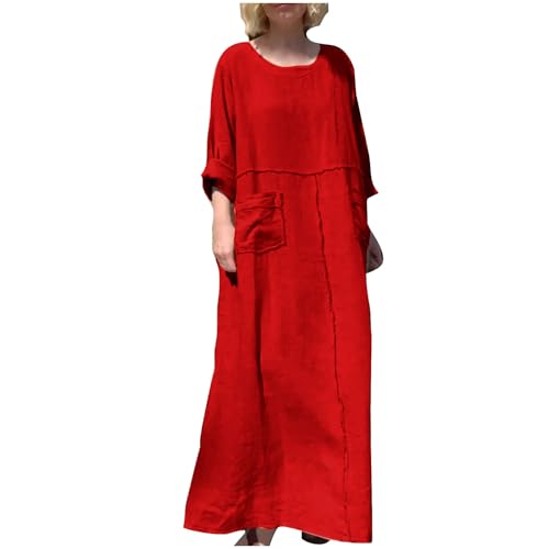 Leinenkleider Damen Einfarbige Langarm Lässig Leinenkleid Lange Kleid Baumwolle Leinen Lose Freizeitkleid Casual Strandkleid Maxikleid Rüschen A-Linie Kleid mit Taschen von AEGJEGVD