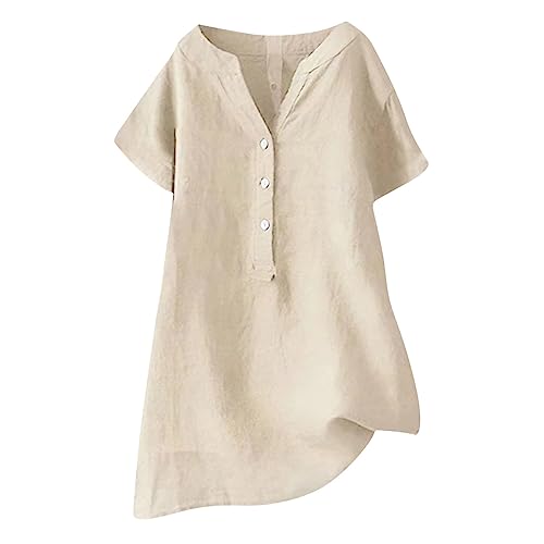 Musselin Bluse Damen Leinenbluse Baumwolle Sommer Kurzarm Hemdbluse Blusenkleid Leinen Elegant V-Ausschnitt Longbluse Tasten Blusenshirt Bügelfrei Mittelalter Tuniken Damenblusen Große Größen von AEGJEGVD