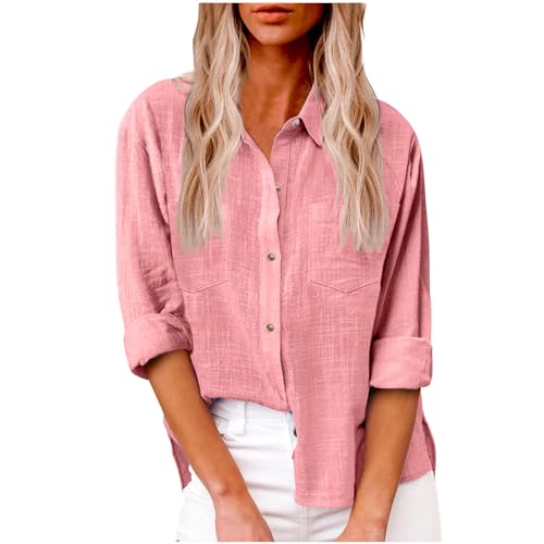 Musselin Bluse Damen Sommer Baumwolle Leinenbluse Elegant Einfarbig Blusenshirt Revers Einreihiges Leinenhemd Große Größen Langarm Longbluse Bequemes Oversized Blusehemd Casual Tops mit Taschen von AEGJEGVD