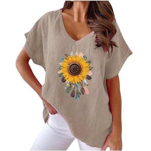 Oberteile Damen Sommer Leinen Kurzarm V-Ausschnitt Bluse Tunika Longshirt Grosse Grössen Leinenoberteile Leinenbluse Sonnenblume Print Tshirt Lose Elegant Pullover T Shirt Tops von AEGJEGVD