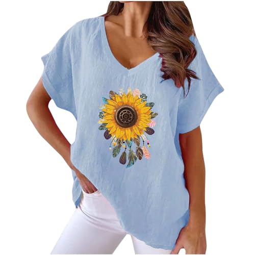 Oberteile Damen Sommer Leinen Kurzarm V-Ausschnitt Bluse Tunika Longshirt Grosse Grössen Leinenoberteile Leinenbluse Sonnenblume Print Tshirt Lose Elegant Pullover T Shirt Tops von AEGJEGVD