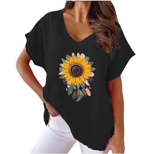 Oberteile Damen Sommer Leinen Kurzarm V-Ausschnitt Bluse Tunika Longshirt Grosse Grössen Leinenoberteile Leinenbluse Sonnenblume Print Tshirt Lose Elegant Pullover T Shirt Tops von AEGJEGVD