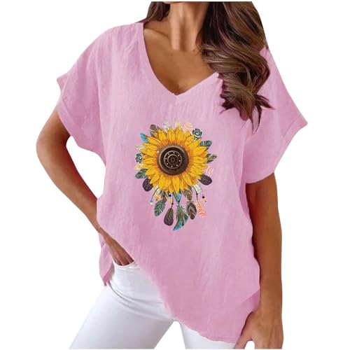 Oberteile Damen Sommer Leinen Kurzarm V-Ausschnitt Bluse Tunika Longshirt Grosse Grössen Leinenoberteile Leinenbluse Sonnenblume Print Tshirt Lose Elegant Pullover T Shirt Tops von AEGJEGVD