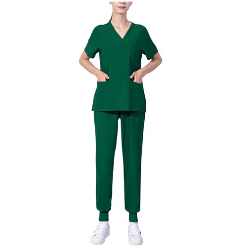 Pflegebekleidung Damen Einfarbig Arbeitskleidung Atmungsaktiv Pflege Set Stretch Kasack Schlupfhemd Schlupfhose Berufsbekleidung Lässig V-Ausschnitt T-Shirts + Hosen Krankenhauskleidung Outfit von AEGJEGVD
