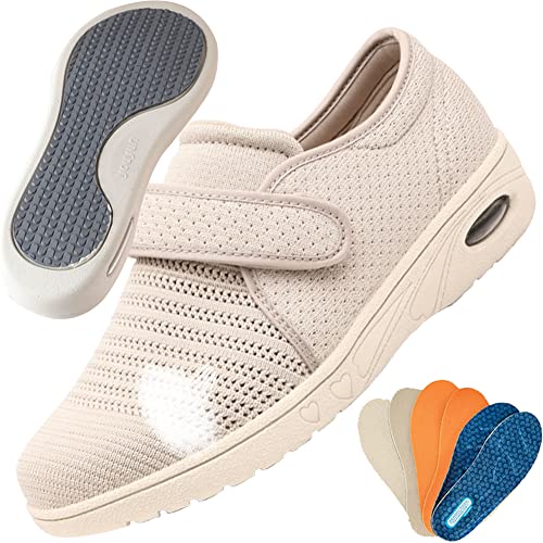 AEHO Diabetiker Schuhe Damen Fußgewölbestütze Orthopädische Breite Und Diabetische Füße Wanderschuhe Damen Sneakers Atmungsaktiv mit Fußgewölbestütze Strick Freizeitschuhe,Beige,39 EU von AEHO