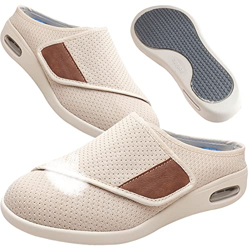 AEHO Hausschuhe Klettverschluss Senioren Diabetiker Schuhe Herren Extra Weit Hausschuhe Damen Bequem Clogs rutschfeste Pantoletten Leicht Gartenschuhe,Beige,38 EU von AEHO