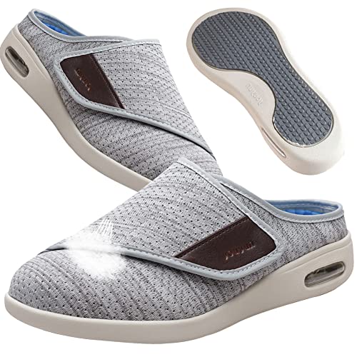 AEHO Hausschuhe Klettverschluss Senioren Diabetiker Schuhe Herren Extra Weit Hausschuhe Damen Bequem Clogs rutschfeste Pantoletten Leicht Gartenschuhe,Lightgrey,47 EU von AEHO