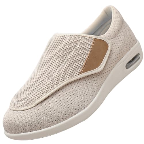 AEHO Hausschuhe Klettverschluss Senioren Diabetiker Schuhe Herren Geschwollene Füße Ohne Schnuersenkel Slip-on Schuhe Diabetes Walking Schuhe Orthopädische Turnschuhe,Beige,37.5 EU von AEHO