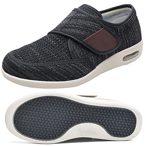 AEHO Hausschuhe Senioren Herren Herrenschuhe Hoher Spann Verbandsschuhe mit Klettverschluss Weite H Arthritis Ödeme Senioren Gesundheitsschuhe Hausschuhe,Black Gray,44.5 EU von AEHO