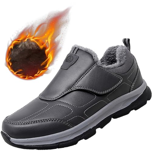 AEHO Orthopädische Diabetiker Wanderschuhe Winterschuhe Geschwollene FüßE Wasserdicht PU Leder Warme Plüsch Gefüttert Schlupfschuhe Outdoor Walking Sneaker,Men's Gray,41/255mm von AEHO