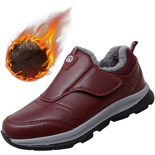 AEHO Orthopädische Diabetiker Wanderschuhe Winterschuhe Geschwollene FüßE Wasserdicht PU Leder Warme Plüsch Gefüttert Schlupfschuhe Outdoor Walking Sneaker,Women's red,42/260mm von AEHO