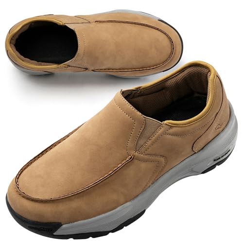 AEHO Orthopädische Schuhe Herren PU Leder extra breite Schuhe Slip On Walking Schuhe mit Fußgewölbestütze leichte Outdoor SchuheLeicht Arbeitsschuhe,Khaki,47/285mm von AEHO