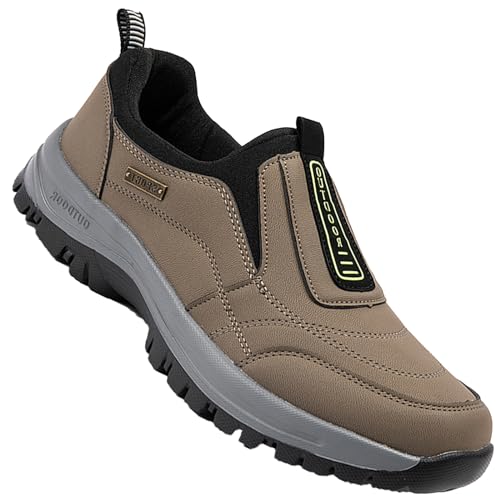 AEHO Schuhe für Geschwollene Füße Schuhe Ohne SchnüRsenkel Herren Schuhe Extra Breite Füße Weit Hausschuhe PU Leder Slip-On-Schuhe freihändig,Khaki,41/255mm von AEHO