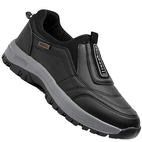 AEHO Schuhe für Geschwollene Füße Schuhe Ohne SchnüRsenkel Herren Schuhe Extra Breite Füße Weit Hausschuhe PU Leder Slip-On-Schuhe freihändig,Schwarz,44/270mm von AEHO