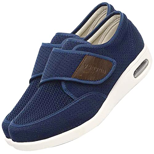AEHO Senioren Hausschuhe mit Klettverschluss Extra Weite Einfaches An Ausziehen Walking Schuhe Verbandsschuhe Spezialschuh Gesundheitsschuhe Fußschwellung Erweiterte,Blau,47 EU von AEHO