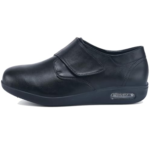 AEHO Verbandsschuhe Damen Diabetiker Orthopädische Schuhe Wasserdicht PU Leder Verbandschuhe Damen Extra Weit Slip-on Hausschuhe,Schwarz,39 EU von AEHO
