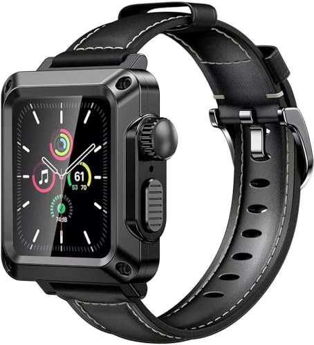 AEHON Modisches Leder-Uhrenarmband und Uhrengehäuse, für Apple Watch Serie 6, 5, 4, SE, 44 mm, 40 mm, 2-in-1, sturzsicheres Glas-Metall-Uhrengehäuse, Mod Kit, für iWatch 3, 2, 42 mm, 38 mm, 44MM, von AEHON