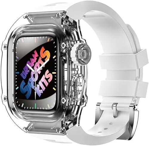 AEHON Transparentes Gehäuse aus Fluorkautschuk, Mod Kit, für Apple Watch Serie 45 mm, 44 mm, 8/7/6/5/4/SE, Ersatzzubehör, PC-klare Lünette, Sport-Gummi-Uhrenarmband, DIY-Mod-Kit, 44mm, Achat von AEHON