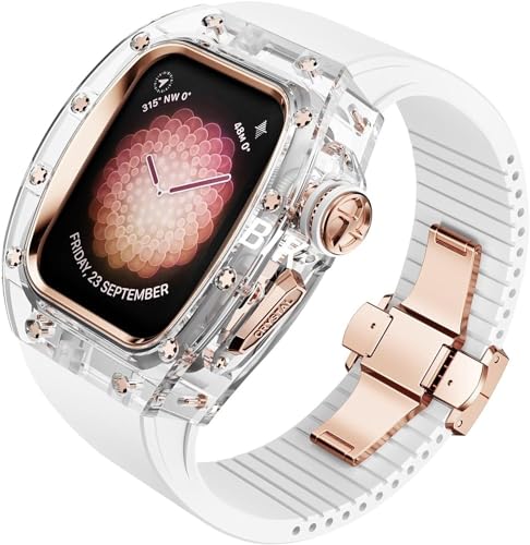AEHON Uhrengehäuse aus Kristallmaterial, Fluorkautschuk, Modifikationsset, für Apple Watch Ultra 8, 7, 6, 5, 4 SE, vollständig transparentes Uhrengehäuse mit Fluorkautschukband, für iWatch 44 mm, 45 von AEHON