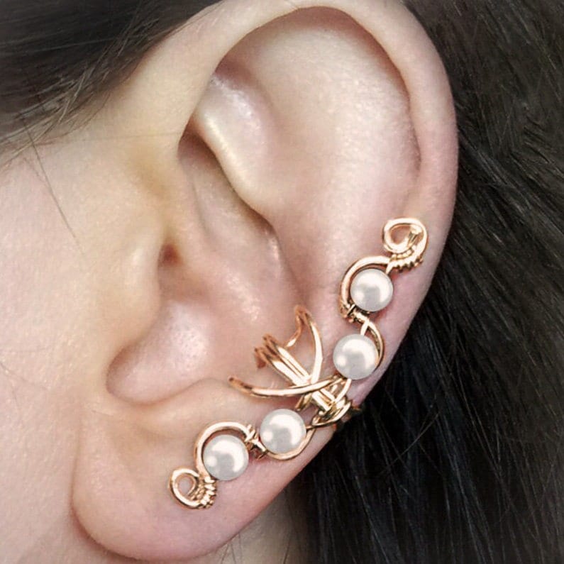 Gold Perle Ohrmanschette Handgemachte Statement Braut Weiß Hochzeit Schmuck von AEHandmadeJewellery