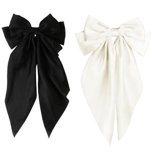 AEIOPRS 2 Pcs Haar Schleife Clips Haarnadeln mit großer Schleife Solid Farbe Haarnadel mit Bogen Haar-Accessoires für Mädchen Frauen schwarz ud Milky White von AEIOPRS