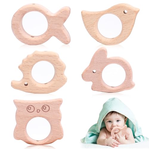 AEIOPRS 5 Pcs Baby Beißring Holzfiguren Natürliche Holz Ringe für Kinderkrankheiten Handgefertigtes Anhänger Kit für DIY Schmuck Handwerk von AEIOPRS