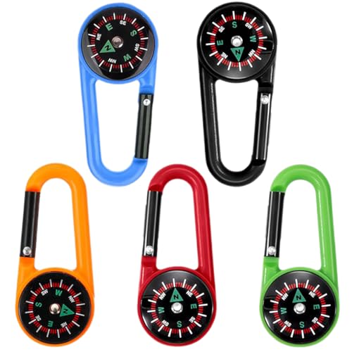 AEIOPRS 5 Pcs Multifunktionaler Tragbarer Kompass Mit Karabinerhaken Schlüsselanhänger Mini Kompass Karabiner für Kinder Camping Outdoor Wandern 5 Farben von AEIOPRS