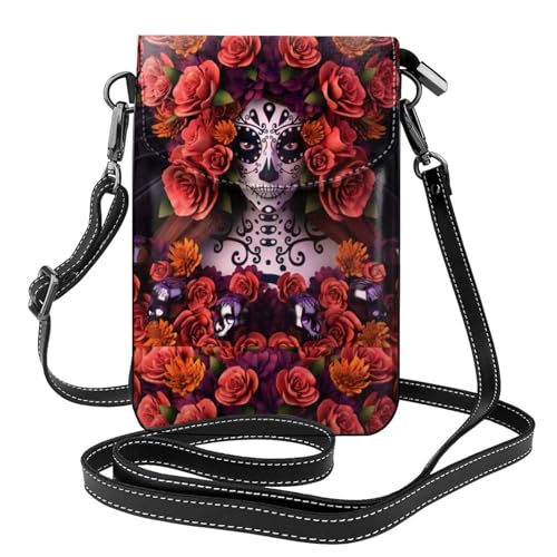 AEKGOHP Day Of The Dead Sugar Roses Skull Printed Small Leather Women'S Crossbody Flip Phone Bag, Waterproof And Durable von AEKGOHP