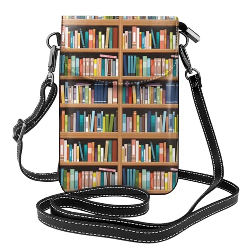 AEKGOHP Library Bücherregal bedruckt kleine Leder Damen Crossbody Flip Phone Tasche, wasserdicht und langlebig von AEKGOHP