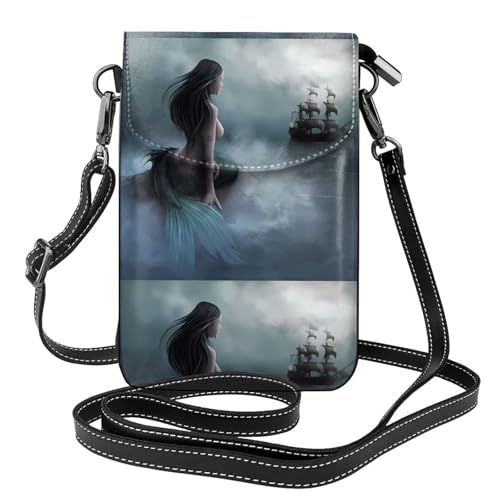 AEKGOHP Meerjungfrau Mädchen und Segeln auf See, Piratenschiff, bedruckt, kleine Leder-Umhängetasche, Flip-Handytasche, wasserdicht und langlebig von AEKGOHP