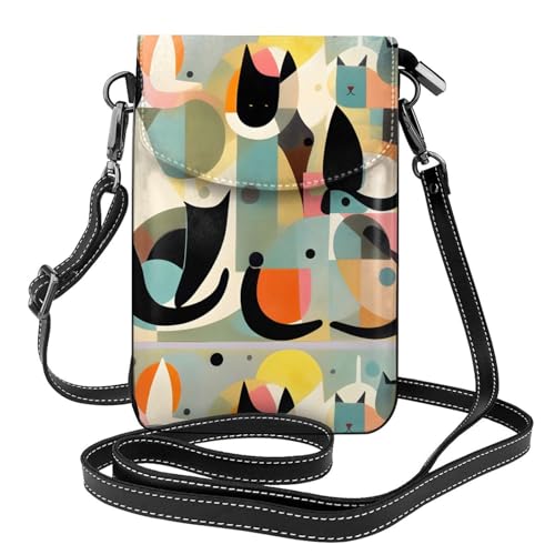 AEKGOHP Mid-Century Moderne Kunst Katze gedruckt kleine Leder Damen Crossbody Flip Phone Tasche, wasserdicht und langlebig von AEKGOHP