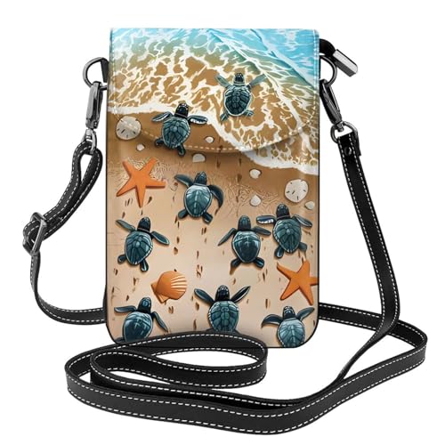 AEKGOHP Turtle Crawling On The Beach Printed Small Leather Women'S Crossbody Flip Phone Bag, Waterproof And Durable von AEKGOHP