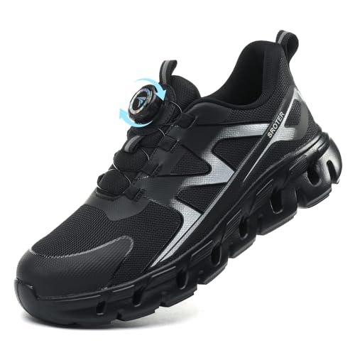 AEKYIWL Sicherheitsschuhe Herren Damen Arbeitsschuhe Leicht Sportliche Atmungsaktiv Schnürsenkel Ohne Binden Drehverschluss Stahlkappenschuhe rutschfest Schwarz, 39 EU von AEKYIWL