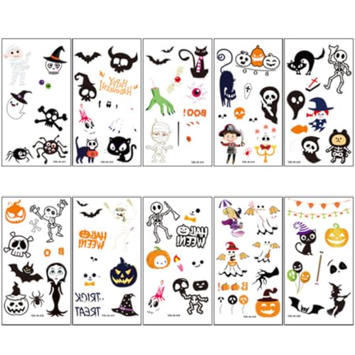 AEKZOX 10 Blatt Temporäre Tattoos Sticker für Kinder, Glow-in-the-Dark Halloween Deko Fake Tattoos Aufkleber, Halloween Party Mitgebsel und Kinder Party Zubehör Geschenke von AEKZOX