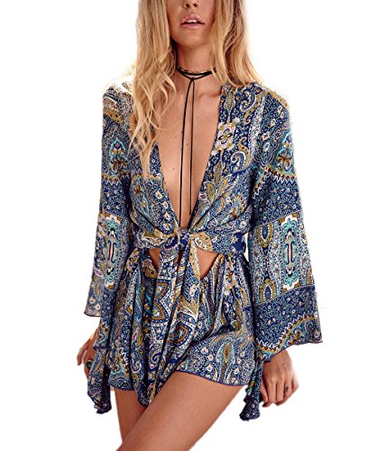 AELSON Damen Boho V Ausschnitt Print Romper Playsuit mit Lange Flare Ärmel - - X-Groß von AELSON